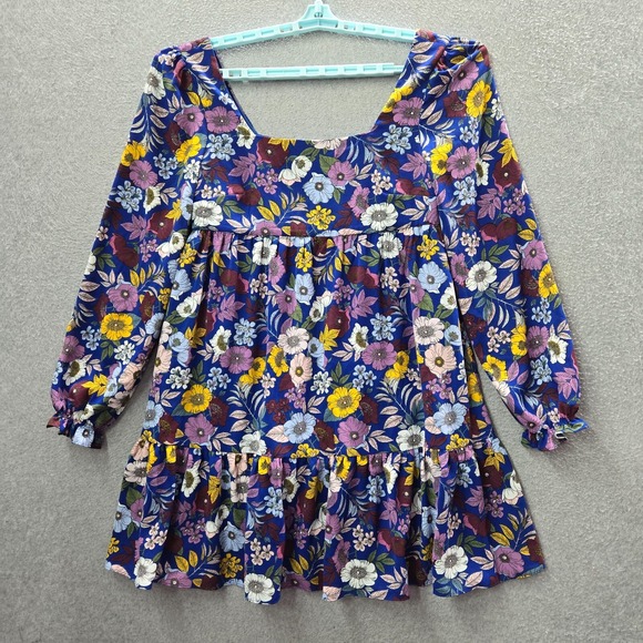 BCBGeneration Women Dress 4 Blue Floral Ruffle Square Neck Mini Balloon NWT - Picture 1 of 11